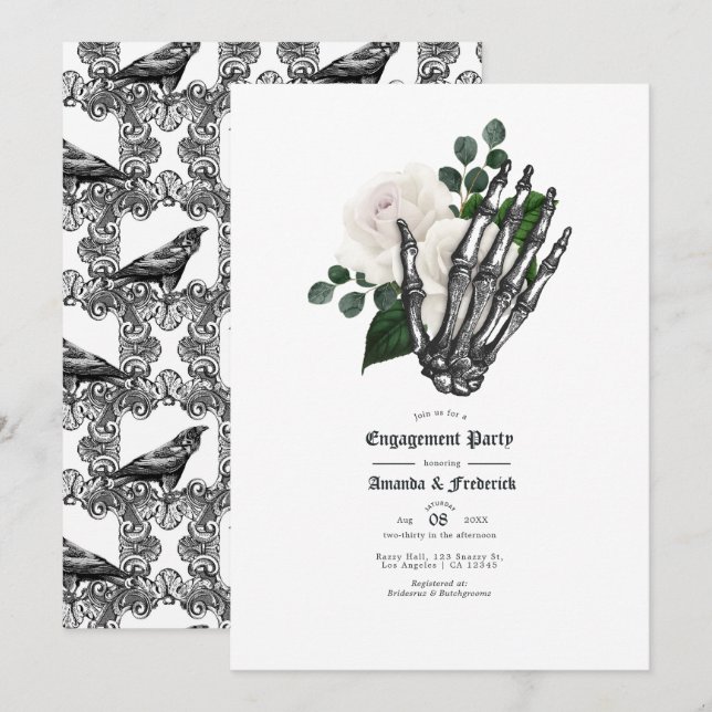 Invitation Mariage gothique floral blanc Fête de fiançailles (Devant / Derrière)