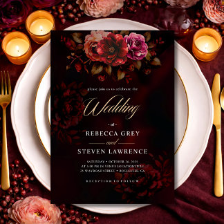 Invitation Mariage gothique floral élégant rouge et noir