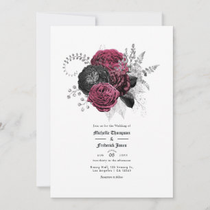 Invitation Mariage gothique floral marsala, noir et argent