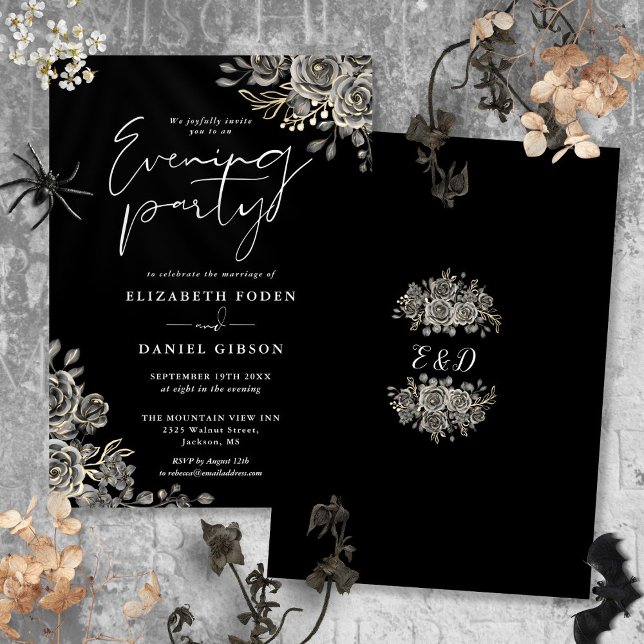 Invitation Mariage gothique floral noir et blanc Soirée (Black And White Goth Floral Wedding Evening Party Invitation)