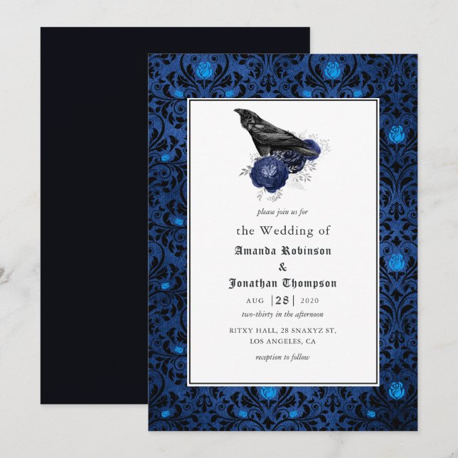 Invitation Mariage gothique floral noir et bleu (Devant / Derrière)