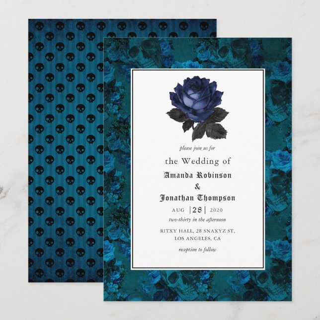 Invitation Mariage gothique floral noir et bleu (Devant / Derrière)