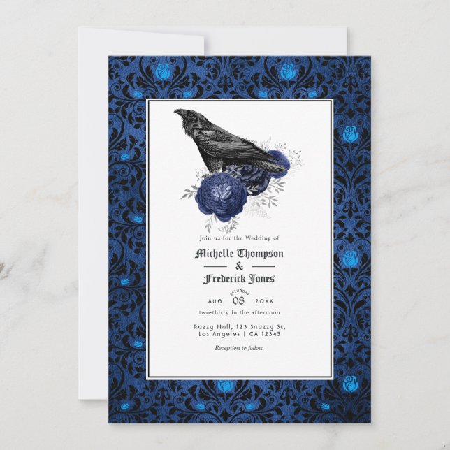 Invitation Mariage gothique floral noir et bleu (Devant)