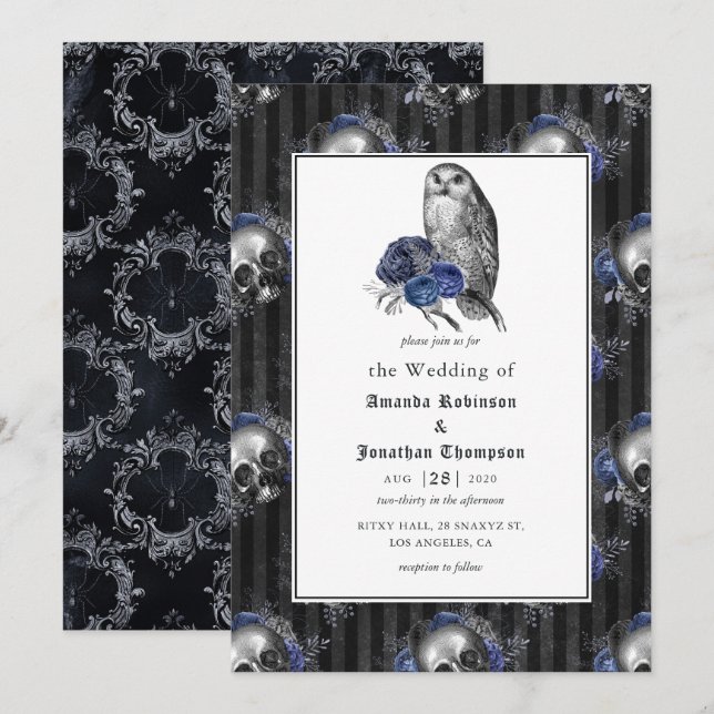 Invitation Mariage gothique floral noir et bleu (Devant / Derrière)