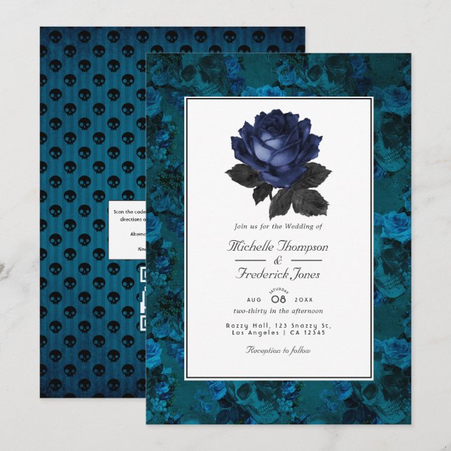 Invitation Mariage gothique floral noir et bleu avec QR Code  (Devant / Derrière)