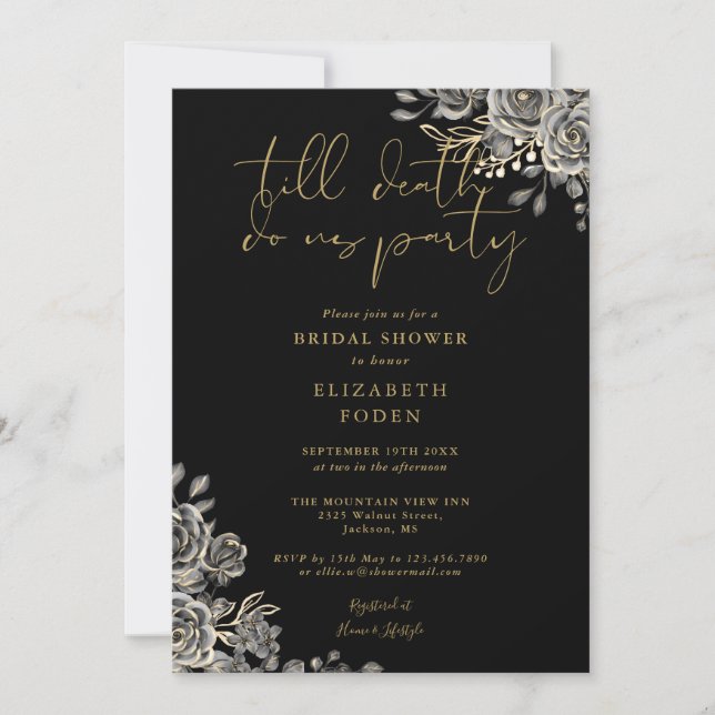 Invitation Mariage gothique floral noir et or (Devant)