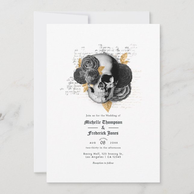 Invitation Mariage gothique Floral Noir et Or QR Code Invit (Devant)
