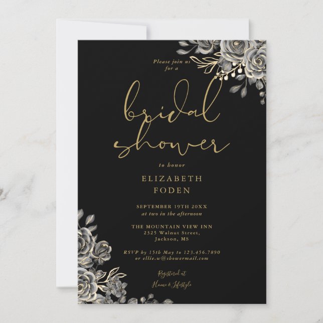 Invitation Mariage gothique floral noir et or Shower (Devant)