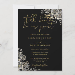 Invitation Mariage gothique floral noir et or tout-en-un