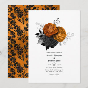 Invitation Mariage gothique floral noir et orange