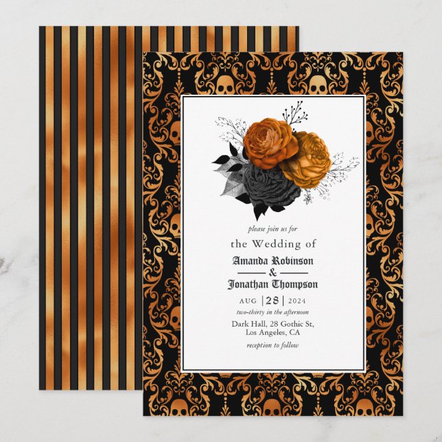 Invitation Mariage gothique floral noir et orange (Devant / Derrière)