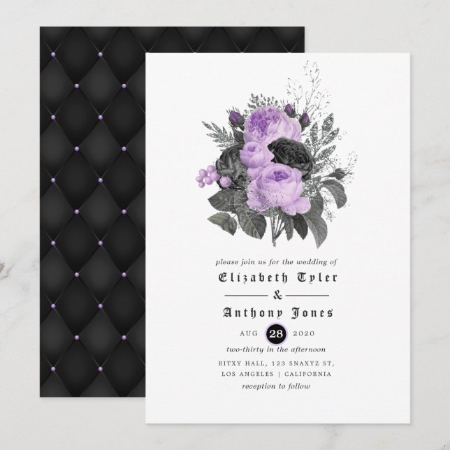 Invitation Mariage gothique floral noir, violet et argent (Devant / Derrière)