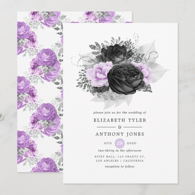 Invitation Mariage gothique floral noir, violet et argent (Devant / Derrière)