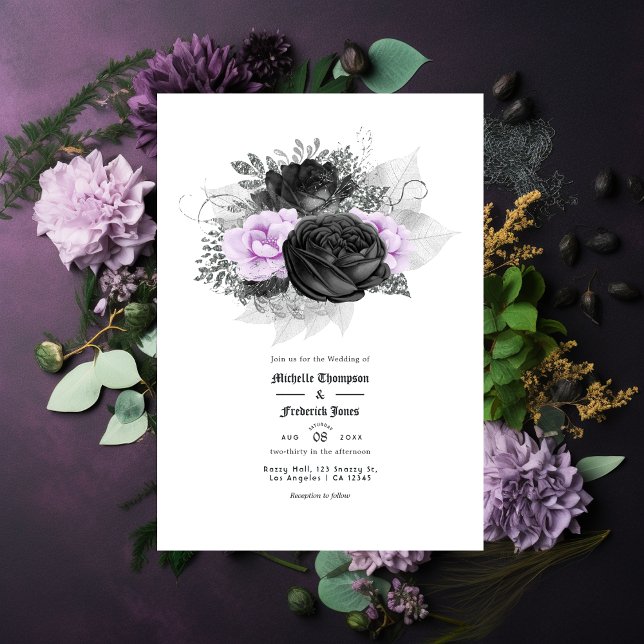Invitation Mariage gothique floral noir, violet et argent (Créateur téléchargé)
