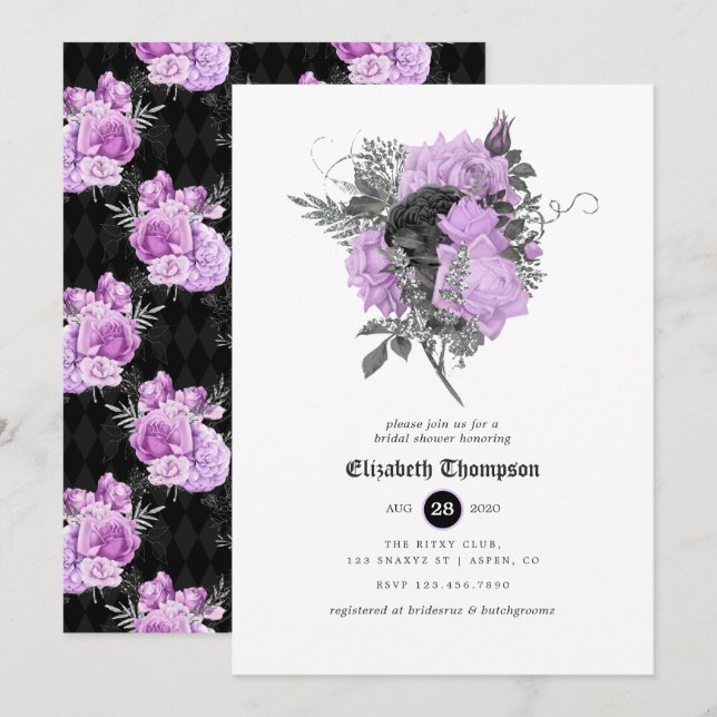 Invitation Mariage gothique floral noir, violet et argent (Devant / Derrière)