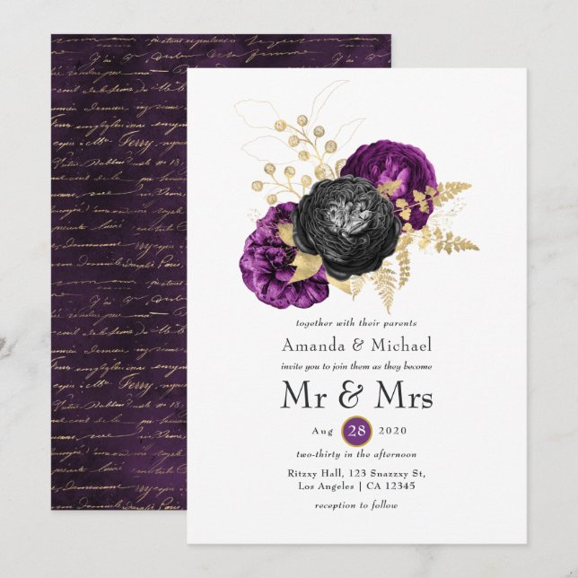 Invitation Mariage gothique floral noir, violet et or (Devant / Derrière)