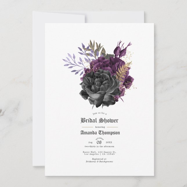 Invitation Mariage gothique floral noir violet or (Devant)