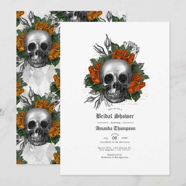 Invitation Mariage gothique floral orange crâne (Devant / Derrière)