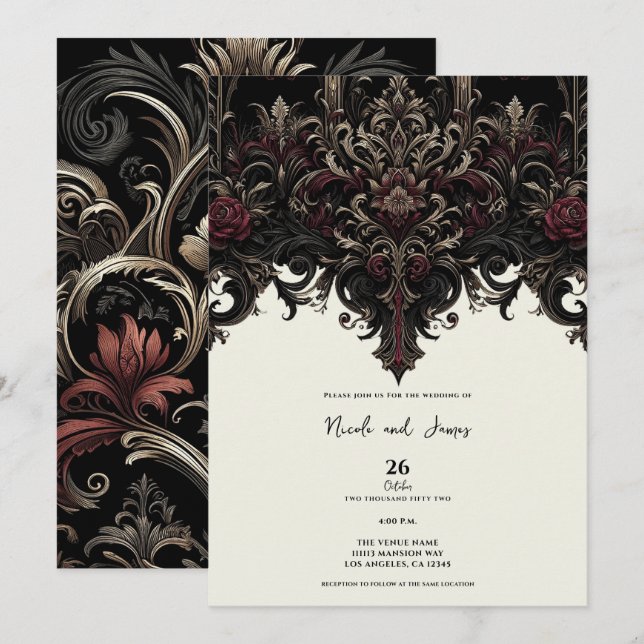Invitation Mariage gothique floral orné élégant (Devant / Derrière)