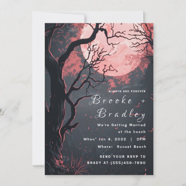 Invitation Mariage gothique forêt bleu-gris et lune rose (Devant)