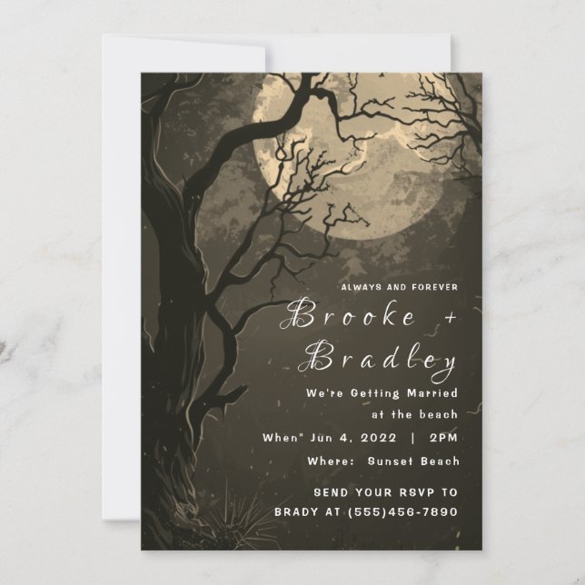 Invitation Mariage gothique gris-brun forestier & lune pâle (Devant)