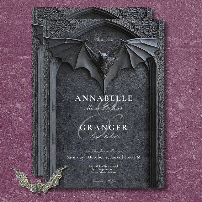 Invitation Mariage gothique Halloween chauve chauve et arc no (Gothic Halloween Black Bat & Arch Wedding Invitation)