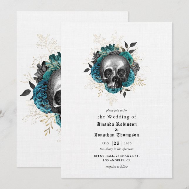 Invitation Mariage gothique Halloween crâne floral sarcelle (Devant / Derrière)