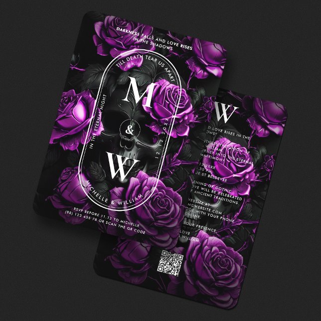Invitation Mariage gothique Monogramme Crâne pourpre Roses (Gothic Wedding Monogram Skull Purple Roses Invitation
)