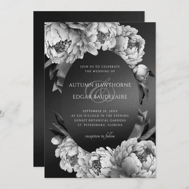 Invitation Mariage gothique Moody White Peonies (Devant / Derrière)
