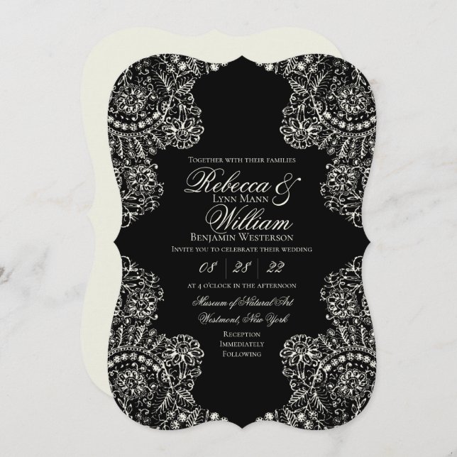 Invitation Mariage gothique noir blanc dentelle (Devant / Derrière)