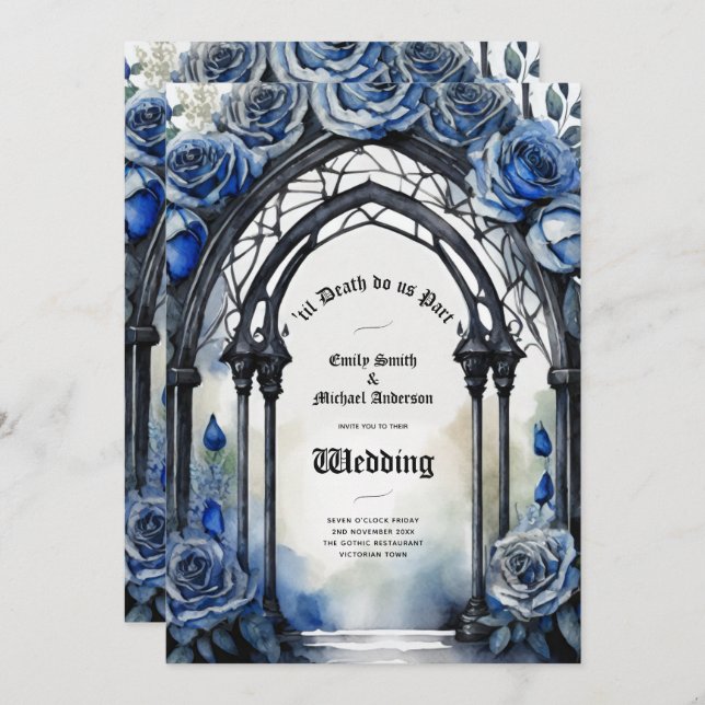 Invitation Mariage gothique Noir Bleu Rose Arch Alternative (Devant / Derrière)