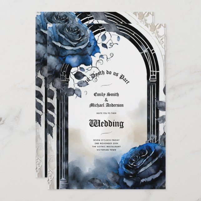 Invitation Mariage gothique Noir Bleu Rose Arch Alternative (Devant / Derrière)