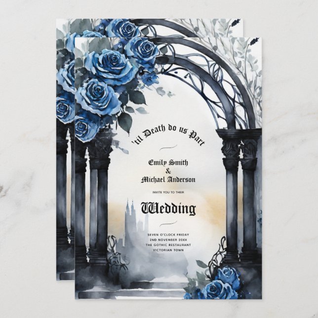 Invitation Mariage gothique Noir Bleu Rose Arch Alternative (Devant / Derrière)