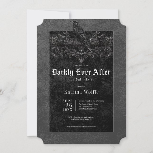 Invitation Mariage gothique noir corbeau & roses noires (Devant)