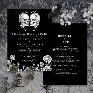 Invitation Mariage gothique noir et blanc de crânes tout comp