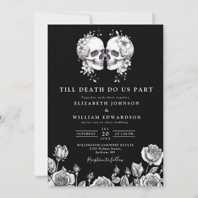Invitation Mariage gothique noir et blanc de crânes tout comp (Devant)
