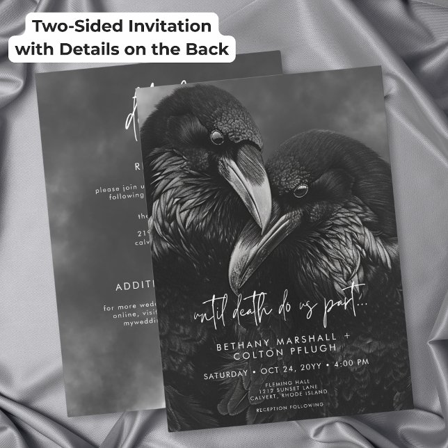 Invitation Mariage gothique noir et blanc Deux Faces embrassa (Gothic Black White Raven Embrace Wedding Two Sided Invitation)
