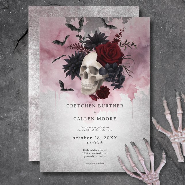 Invitation Mariage gothique noir et bordeaux crâne et chauves (Gothic Black & Burgundy Skull & Bats Wedding Invitation)