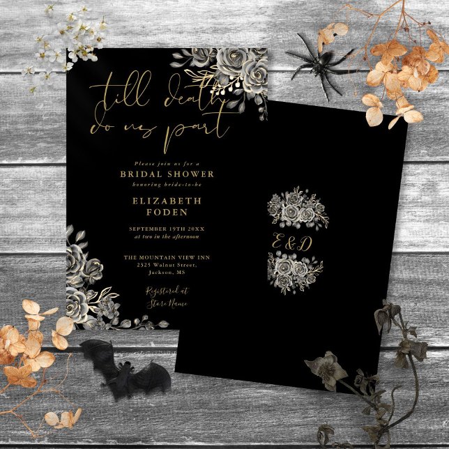 Invitation Mariage gothique noir et or avec des roses florale (Black And Gold Gothic Roses Floral Bridal Shower Invitation)