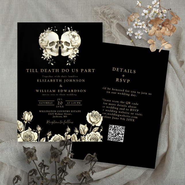 Invitation Mariage gothique noir et or tout en un avec code Q (All In One Black And Gold Gothic QR Code Wedding Invitation)