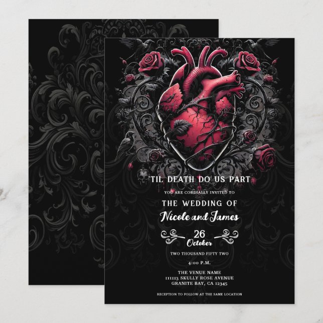 Invitation Mariage gothique noir et rouge coeur d'amour  (Devant / Derrière)