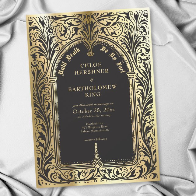 Invitation Mariage gothique noir or médiéval jusqu'à la mort (Gothic Black Gold Medieval Until Death Wedding Invitation)