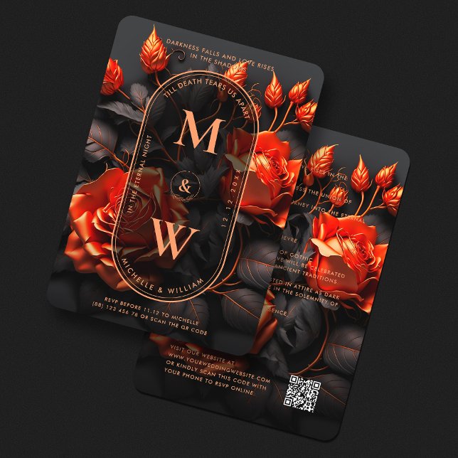 Invitation Mariage gothique noir orangé Floral Boho (Gothic Black Orange Terracotta Floral Boho Wedding Invitation
)