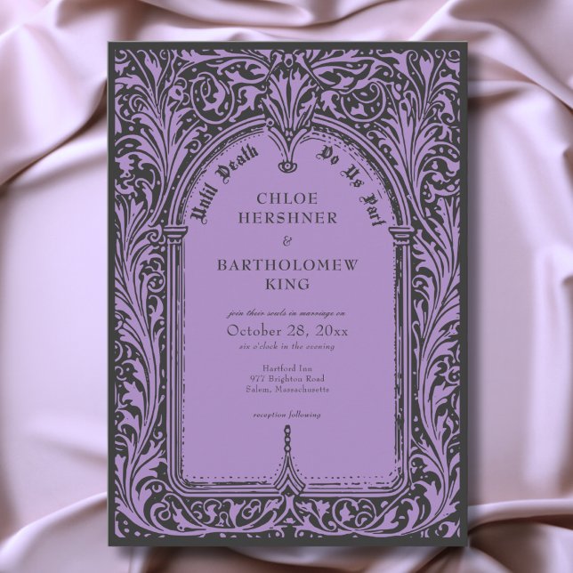 Invitation Mariage gothique noir pourpre médiéval jusqu'à la  (Gothic Black Purple Medieval Until Death Wedding Invitation)