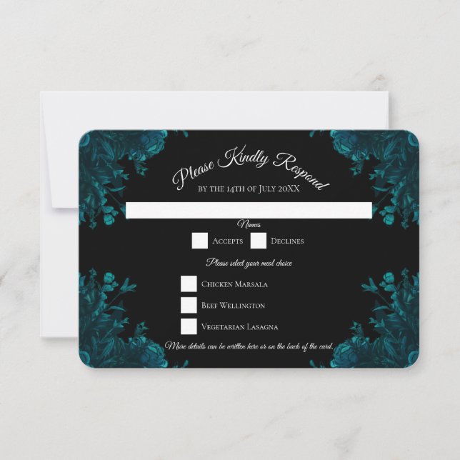 Invitation Mariage gothique noir Rose turquoise Réponse RSVP (Devant)