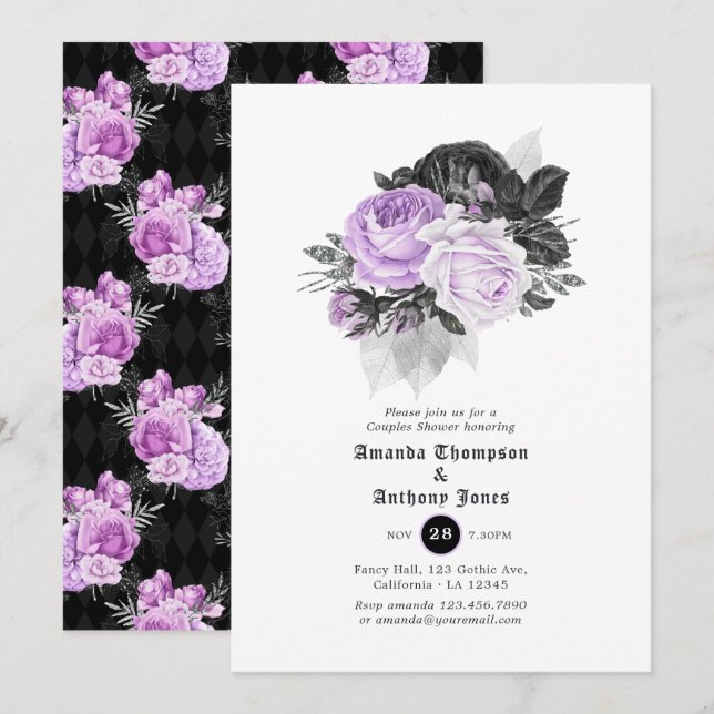 Invitation Mariage gothique noir, violet et argent pour coupl (Devant / Derrière)