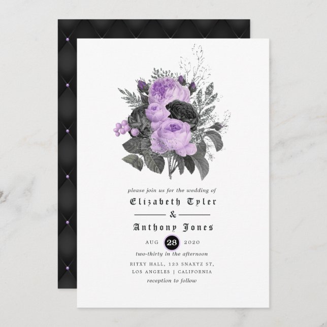 Invitation Mariage gothique noir violet et argenté (Devant / Derrière)