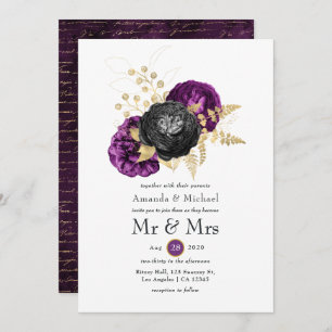 Invitation Mariage gothique noir violet et or