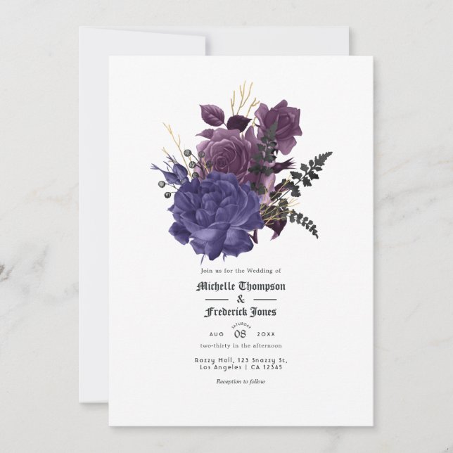 Invitation Mariage gothique noir violet or (Devant)