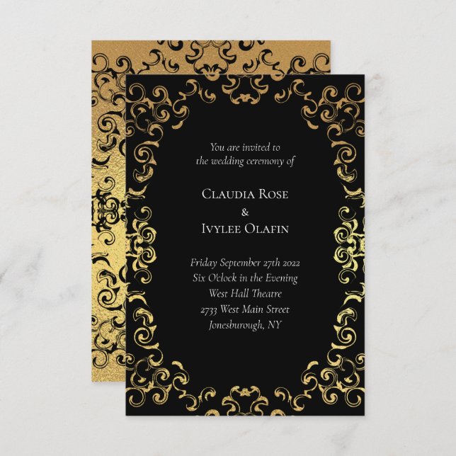 Invitation Mariage gothique or et noir (Devant / Derrière)